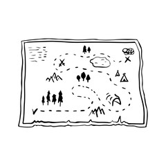 Map icon. Black outline linear sketch silhouette. Vector flat graphic hand drawn illustration. The isolated object on a white background. Isolate.