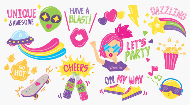 Cute and fun fashionable graphic elements vector set in doodle style.