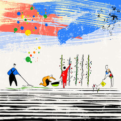 abstract background composition, illustration with figures, graphic elements, with paint strokes and splashes © Kirsten Hinte