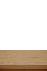 Empty vertical wooden table top, desk isolated on white background, Wood table surface for product display background, White counter, shelf  for food display banner, backdrop