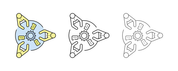 Teamwork around the table, information exchange. Business related invention, meeting for invention. Teamwork vector icons. Editable Stroke. Modern line art icon set.