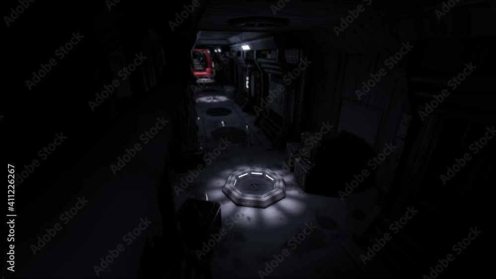 Wall mural scary empty sci fi spaceship corridor with evacuation alarm. 3d rendering. seamless loop.