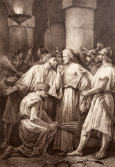 SEBECHLEBY, SLOVAKIA - SEPTEMBER 24, 2011: The lithography torture of Jesus originaly by unknown...