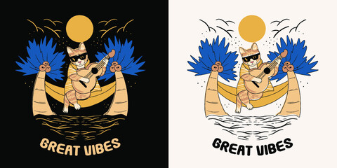 cute cat playing guitar in the summer illustration for t-shirt