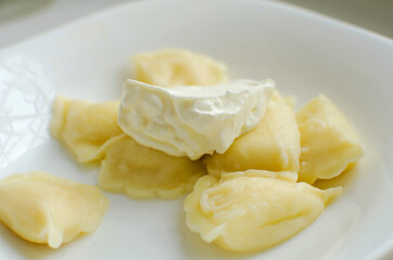 Dumplings with pepper, sour cream in a beautiful plate
