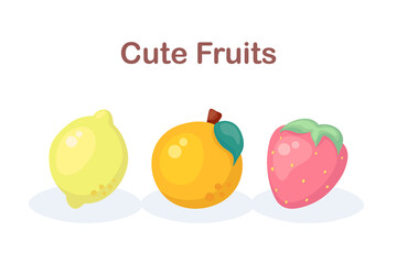 Colorful vector illustration with fruits - lemon, orange, strawberry. Healthy summer food set isolated on white background. Use for juice, smoothie menu design, card, fabric print.