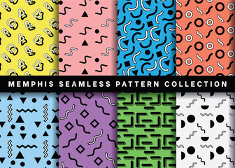 Seamless memphis pattern collection, Set of geometric memphis pattern vector on colorful background for Fabric and textile printing, wrapping paper, backdrops and , packaging, web banners