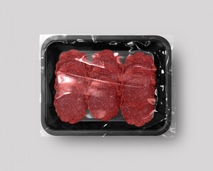 Food packaging isolated with chicken, pork, beef slices top view