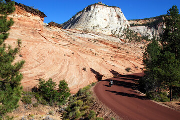 motorcycle riding in Checkerboard Mesa of Zion Canyon National Park