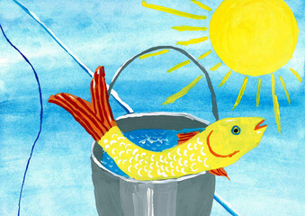 Children's drawing, fish in a bucket. Sea inhabitants, fish. Drawing paints, bright, color.