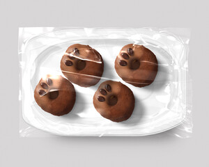 Black Food packaging isolated with donut cocoa pink and brown top view White