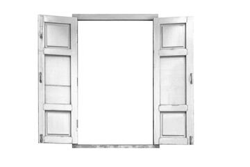 Old wooden window frame painted white vintage isolated on a white background