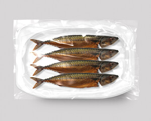 Food packaging isolated with smoked mackerel top view