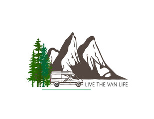 Camper van with forest and mountains in the background. Living van life, camping in the nature, travelling. Live the van life text. Illustration. 
