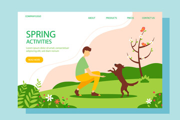 Obraz na płótnie Canvas Man playing with a dog in the park. Landing page template. Conceptual illustration of outdoor recreation, active pastime. Spring vector illustration in flat style.