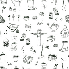 Garden objects vector illustrations seamless pattern