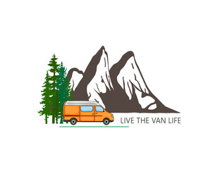 Camper van with forest and mountains in the background. Living van life, camping in the nature, travelling. Live the van life text. Illustration.  © Anna