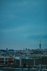 Obraz premium Far view of Prague Tv tower on a cold winter