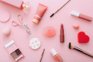 Obraz na płótnie Canvas Female accessories for make up. Beauty concept. Top view