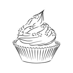 Set of sweet bakery decorated cupcakes hand drawn in vintage engraved style. Vector illustration. Isolated on white background. cupcake cake vector sketch illustration