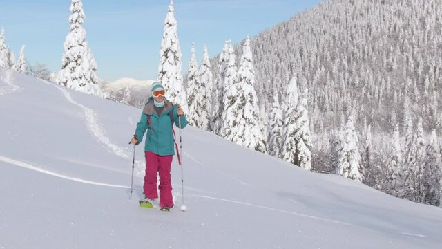 AERIAL: Extreme skier shreds the slope as another ski tourer hikes across the backcountry covered in fresh powder snow. Active tourists explore the breathtaking snowy Julian Alps on a sunny winter day