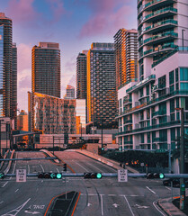 brickell miami florida city bridge street traffic light buildings skyscrapers shopping area green...