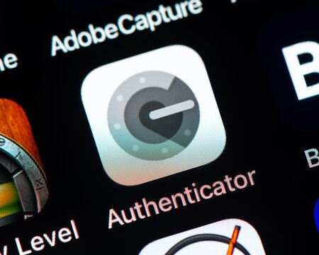 BAYONNE, FRANCE - CIRCA FEBRUARY 2021: Google Authenticator app icon on Apple iPhone screen. Google Authenticator generates 2-Step verification codes on the phone for stronger security.