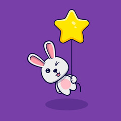 Cute bunny floating with star balloon design icon illustration