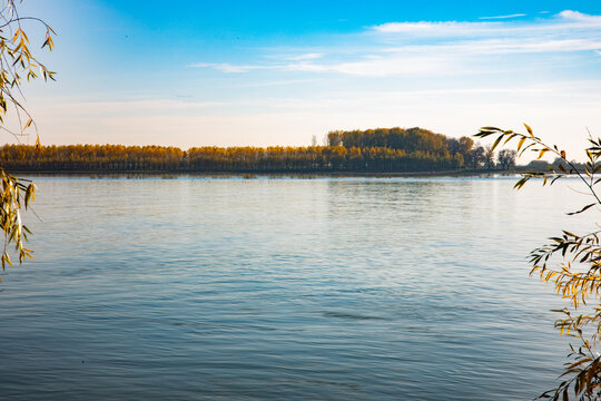 A beautiful landscape of blue water and the shore of Danube River, Romania, Galati