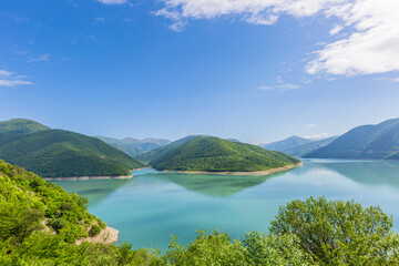 Zhinvali reservoir, lake landscape with mountains, Georgian military road. Georgia.