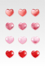 Different Heart set Isolated On Transparent Background. Realistic Romantic Element. For Wedding, Anniversary, Birthday, Valentine's Day, Party Invitations, Scrapbooking. Vector Illustration.