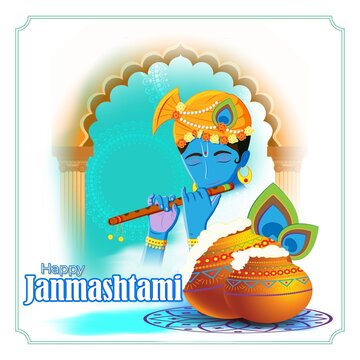 vector illustration for Indian festival Janmashtami, birth of lord Krishna (Hindu god), butter pots, flute on colorful abstract background © NAVIN