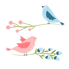 Cute spring illustration with birds sitting on branches, flowers. Cute springtime flat cartoon style hand drawn vector illustration isolated on white background. 