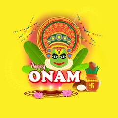 vector illustration of greeting for south Indian festival Onam with kathakali face.
