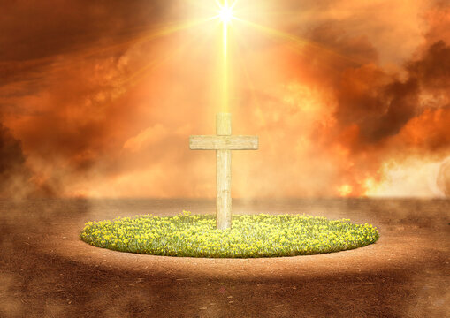 Cross of salvation of Jesus Christ illuminated with light from Heaven. Christian resurrection concept