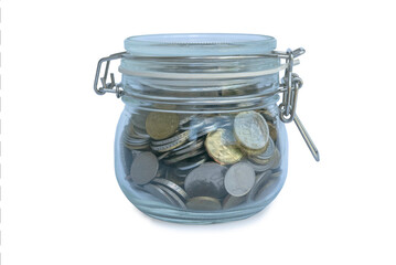 A jar of coins isolated on a white background.