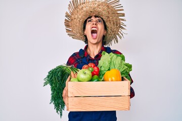 Beautiful brunettte woman wearing farmer clothes holding vegetables angry and mad screaming...