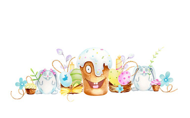 Obraz premium Funny tasty Easter cake. Easter eggs. Candle. Watercolor.