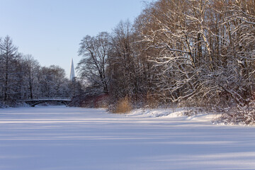 winter landscape in the park snow-covered forest, river and bridge over the river
