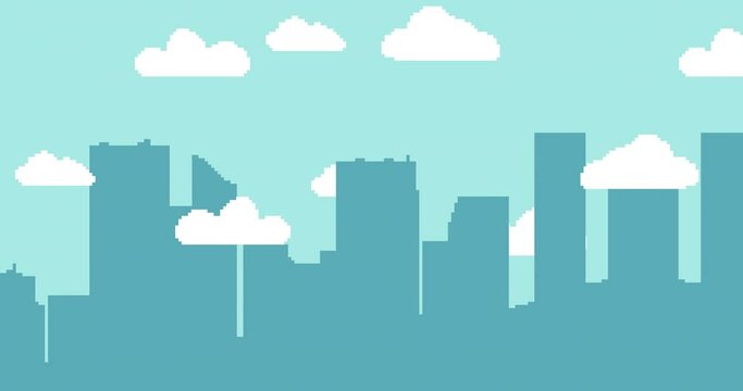 Pixel city, clouds, sky. For video retro game. Clouds animation. Vector Pixel art 8 bit