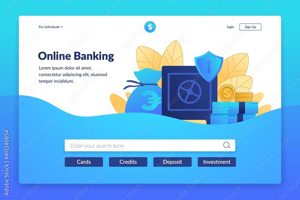 Fototapete Online banking landing page. Digital payment service. Interface for bank website. Web transactions or currency exchange, savings and investments. Vector colorful UI design with buttons and copy space