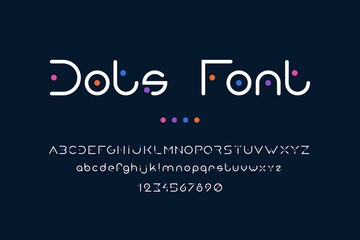 Fototapeta na wymiar Dots font. Abstract alphabet with uppercase or lowercase letters for logo and poster headers. Collection of text symbols or numbers. Geometric typeface with colorful points. Vector typographic typeset