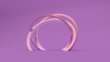 Metal rings. Round podium for demonstration of products. Three circles at different angles. Rectangular blue background. 3d render.