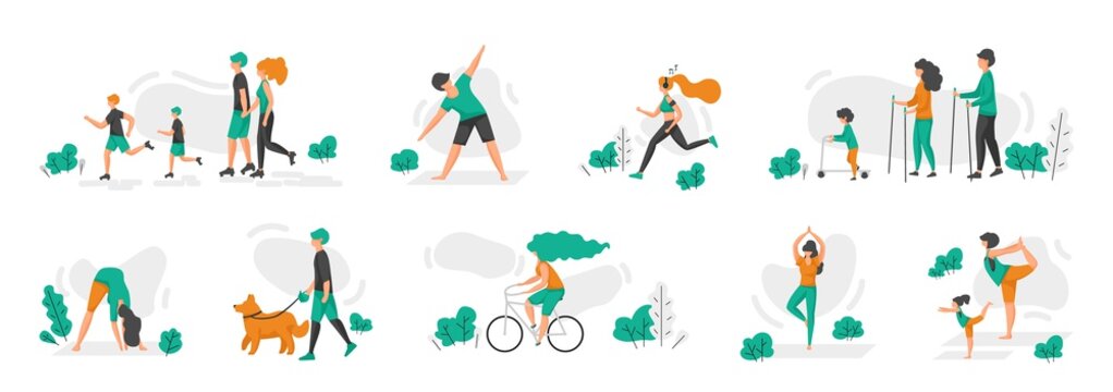 Healthy Family. Cartoon People Doing Sport Exercises. Men And Women Riding Bicycles And Scooters, Running Or Roller Skating, Walking With Dogs. Yoga And Fitness Training. Vector Outdoor Workout Scenes