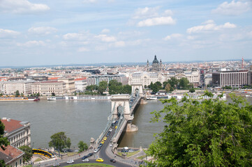 Fototapeta na wymiar Panoramic top view of the Szechenyi chain bridge and the Danube river, on a summer day, Hungary.