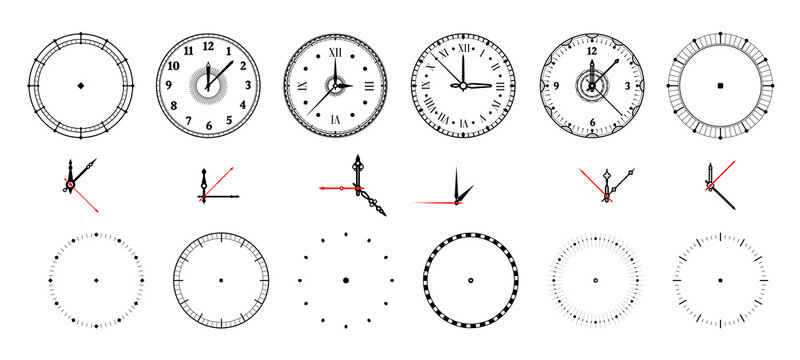 Clock face. Vintage and modern watch dial with decorative and minimal arrows. Roman or Arabic numerals and measurement pointers. Contour chronometers design templates kit. Vector round timepiece set