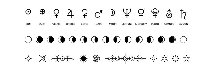 Moon phases icons. Black and white symbols of solar system planets or lunar cycle. Monochrome mystic occult outline isolated signs. Antique space objects names. Vector astrological silhouettes set