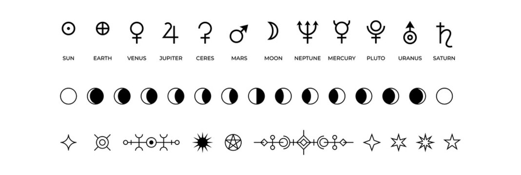 Moon phases icons. Black and white symbols of solar system planets or lunar cycle. Monochrome mystic occult outline isolated signs. Antique space objects names. Vector astrological silhouettes set