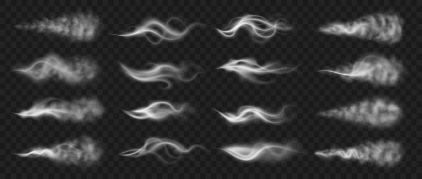 Steam effect. Realistic smoke and vapor from hot food or drink. White hookah fume motion. Isolated burning cigarette trail. Collection of horizontal smoky traces on transparent background, vector set