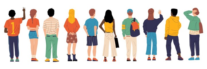 People from behind. Man and woman person's back, young cartoon characters standing together, crowd male and female from back side with bags vector group of boy and girl backside flat isolated set